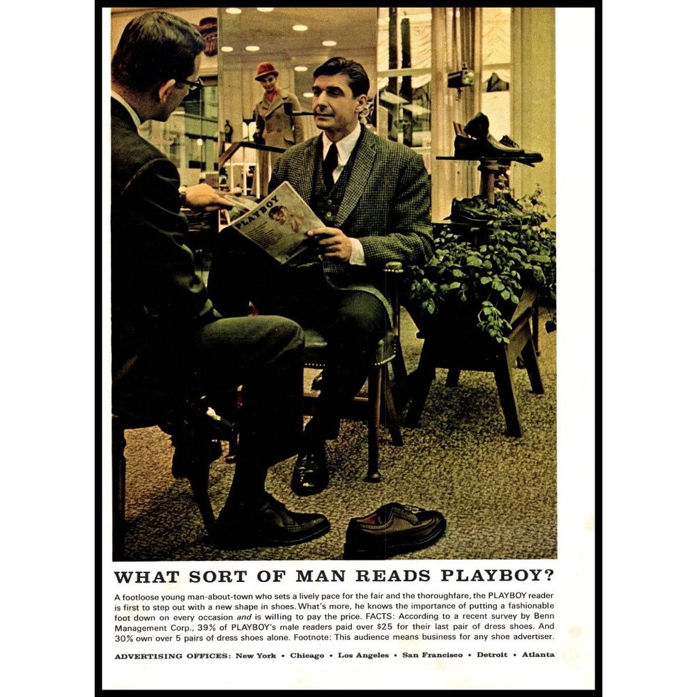 1963 What Sort of Man Reads Playboy Vintage Print Ad Department Store Shoes Art